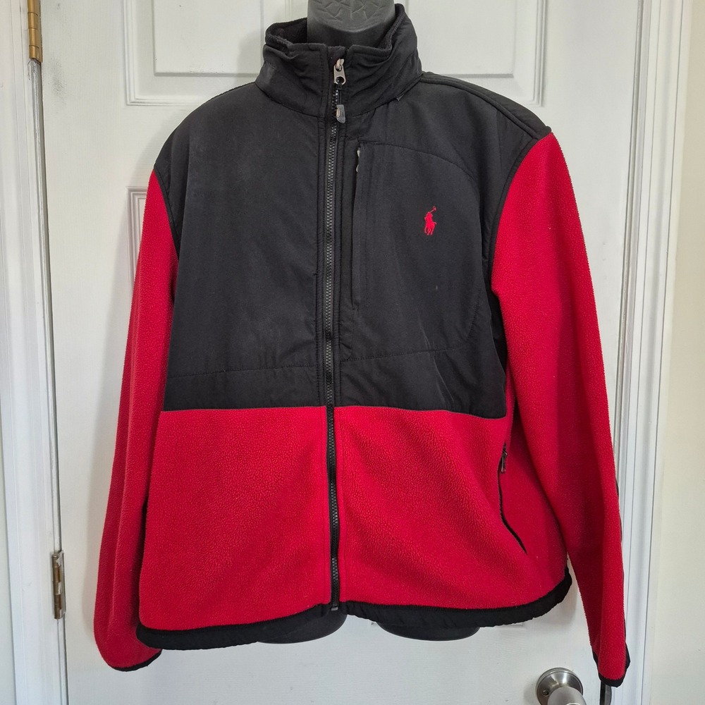 Polo Ralph Lauren Mens XL Fleece Full Zip Jacket Red Black Colorblock Hooded